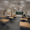 Classroom scene with central detail and peripheral pixelation